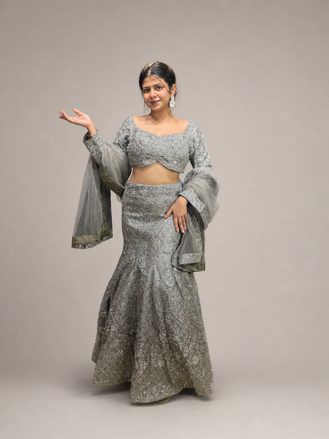 Grey Net Fishtail Lehenga With Sequin and Cutdana Work