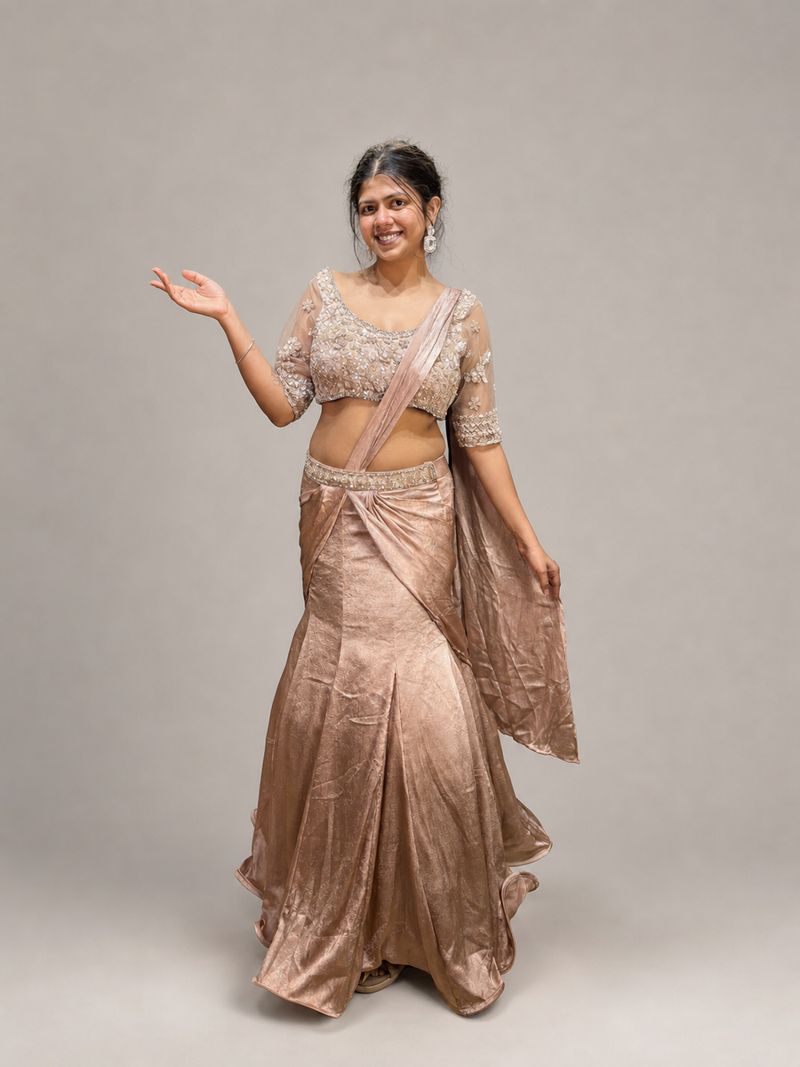 Champagne Shimmer Tissue Pre-Draped Mermaid Saree — front view