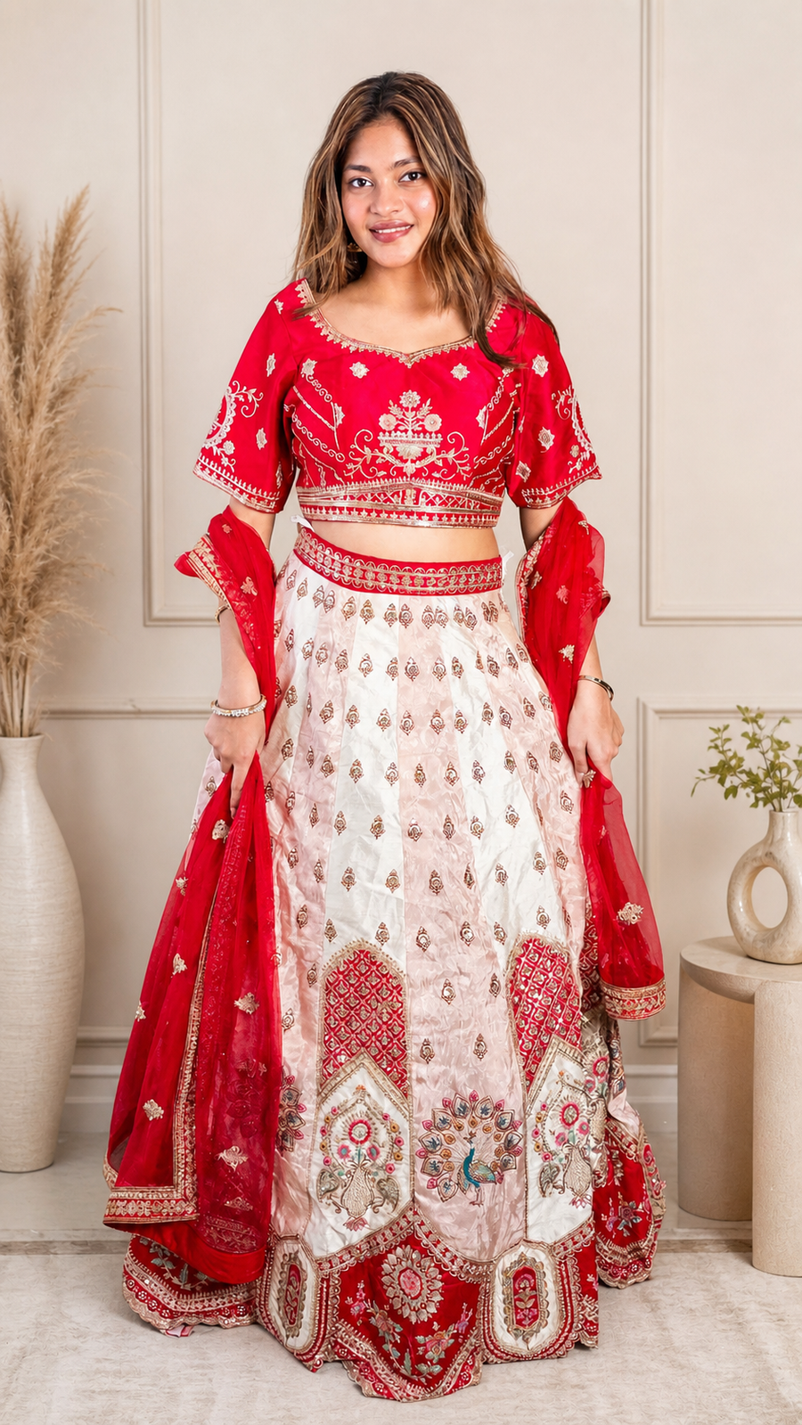 Ivory Shimmer Silk Kali Lehenga With Red Zari Blouse — front view