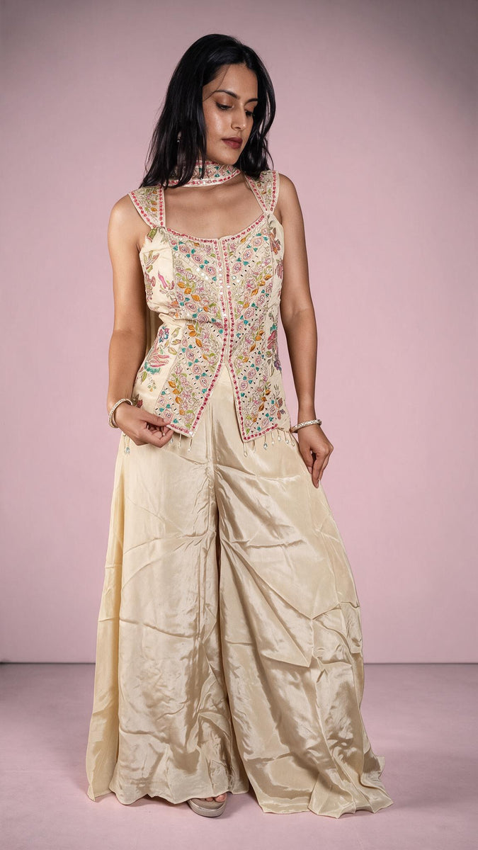 Off-White Shimmer Tissue Palazzo Suit With Mirror Work