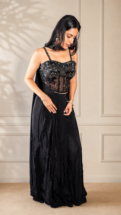 Black Beaded Corset Blouse With Crepe Draped Skirt