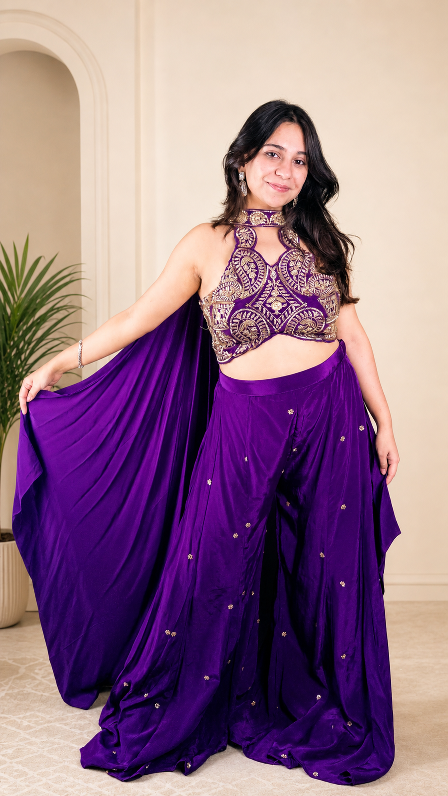 Purple Velvet Halter Blouse With Palazzo Set — front view