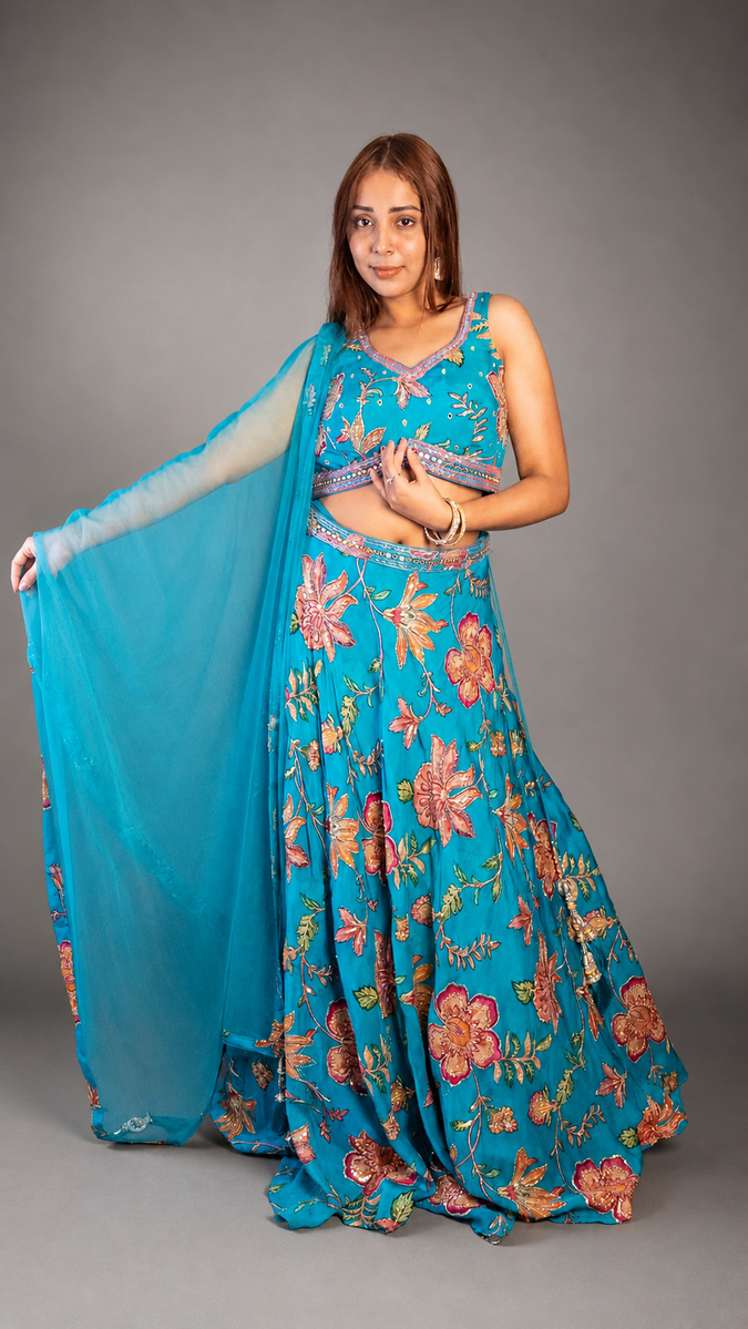 Teal Blue Printed Organza Flared Kali Lehenga Set
