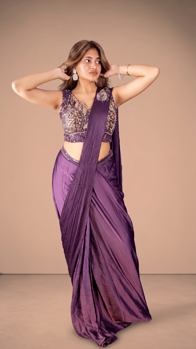 Purple Satin Pre-Draped Saree With Embellished Blouse