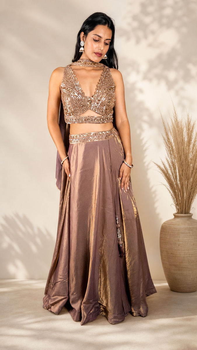 Brown Shimmer Tissue Kali Lehenga With Beaded Blouse