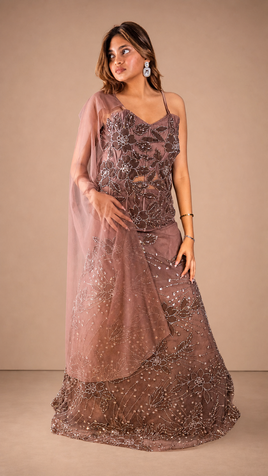 Nude Brown Cord-Embroidered Mermaid Lehenga Set — front view