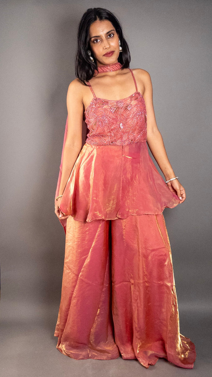 Onion Pink Fendy Tissue Palazzo Suit Set