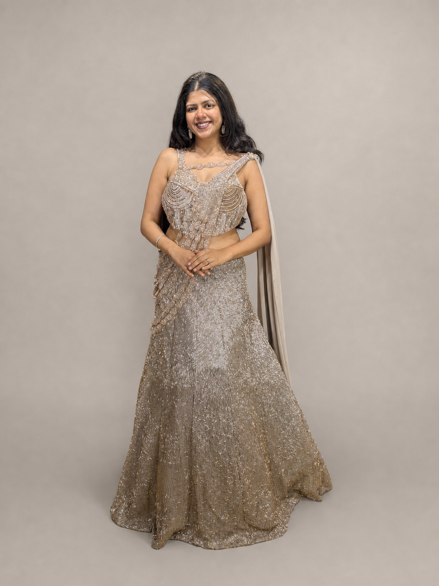 Champagne Silver Sequin Corset Lehenga With Georgette Drape — front view