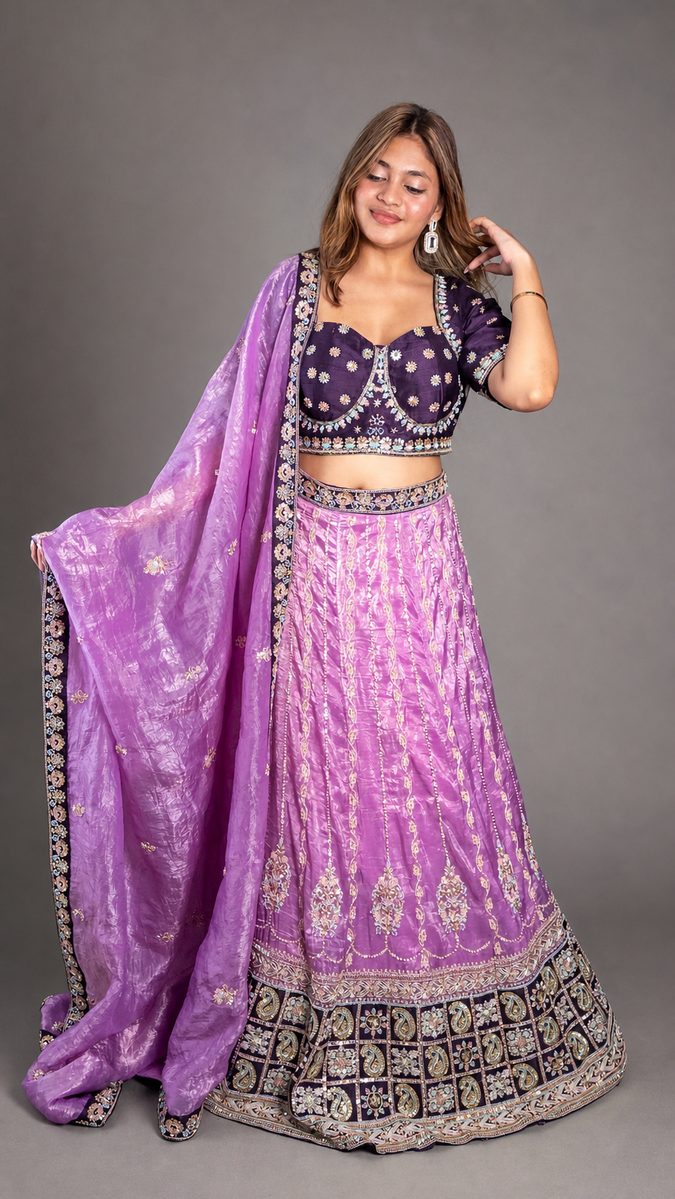 Lilac Tissue Lehenga With Dark Purple Raw Silk Blouse