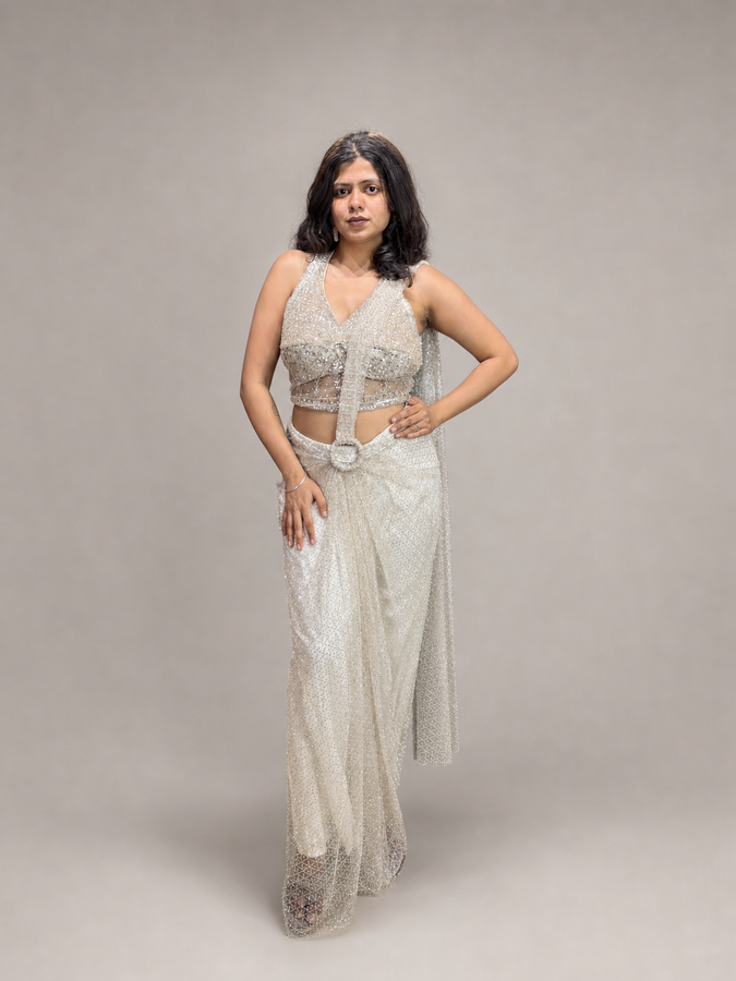 Ivory Sequin Net Pre-Draped Saree With Beaded Blouse