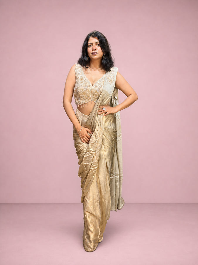 Ivory Pre-Draped Saree With Cutdana Sequin Blouse