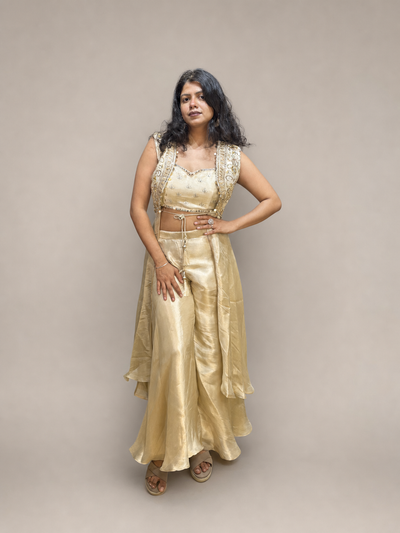 Off White Shimmer Tissue Embroidered Cape Sharara Set