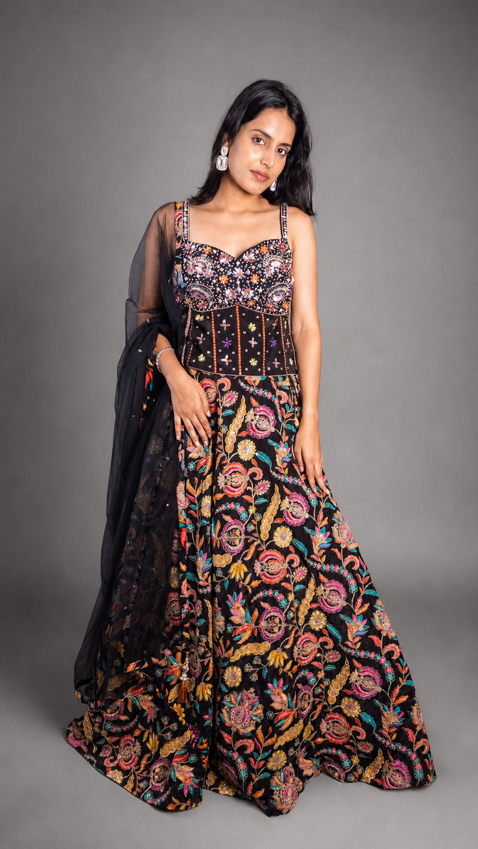Black Crepe Lehenga With Bead And Pearl Handwork