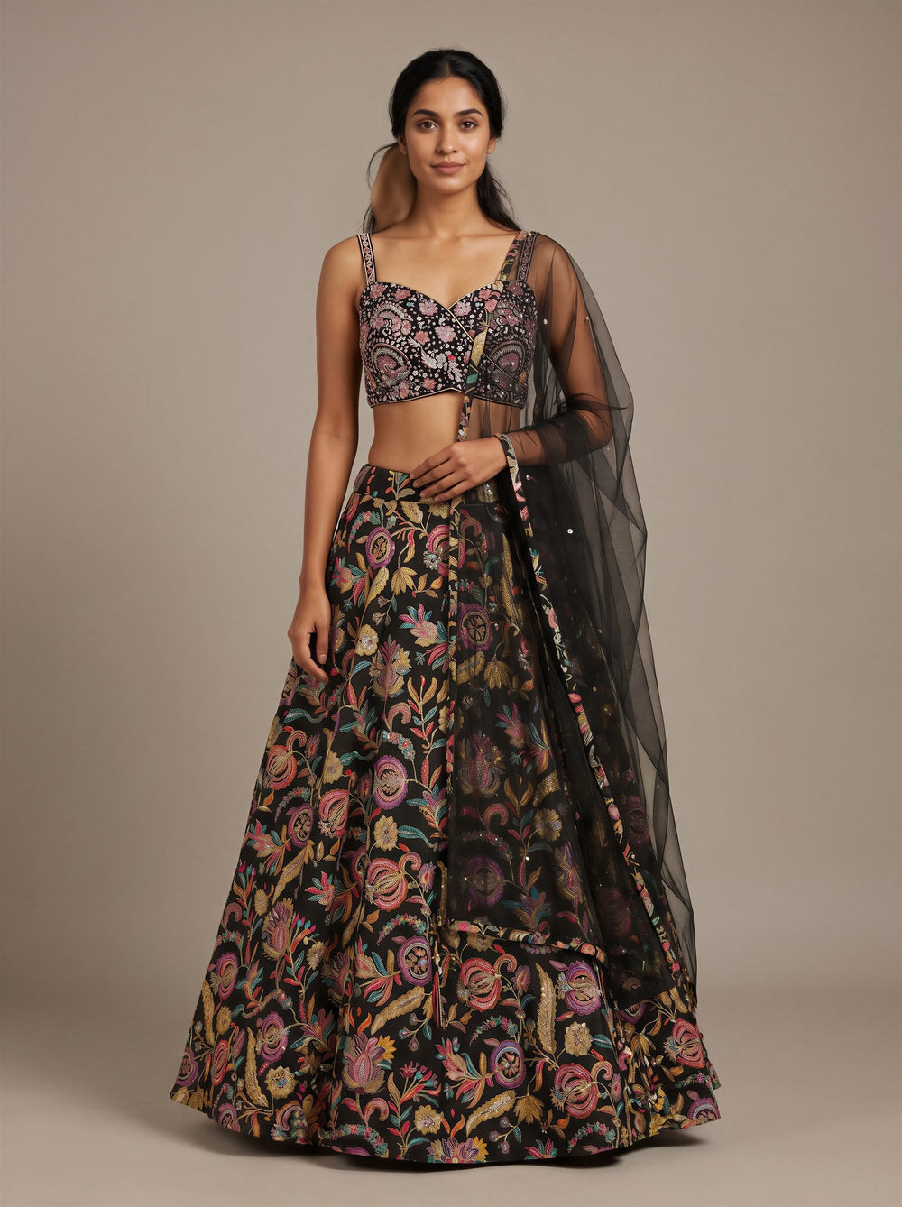 Raat Rani Black Floral Bead-Work Lehenga