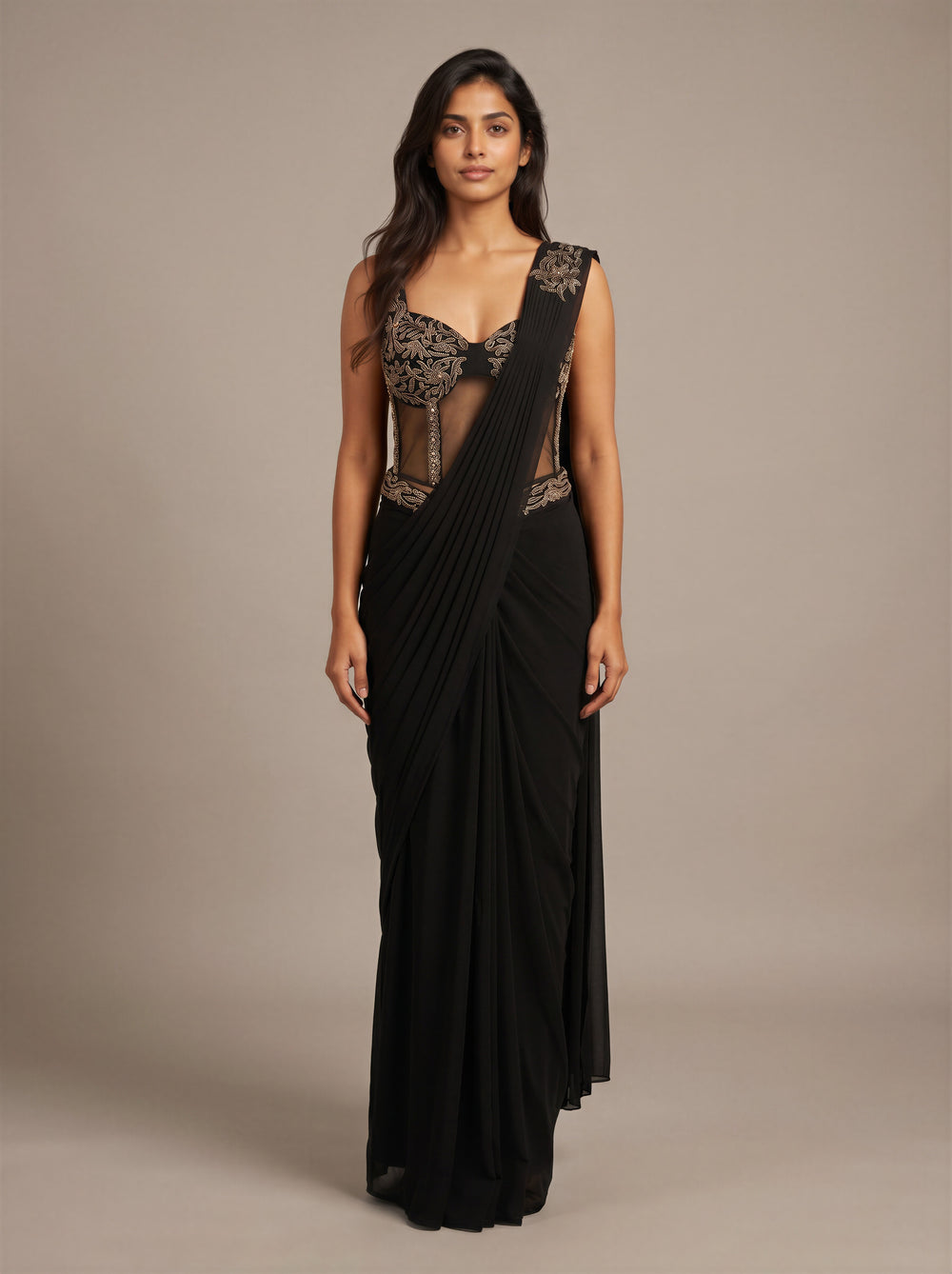 Noir Drape Beadwork Bustier Saree Gown