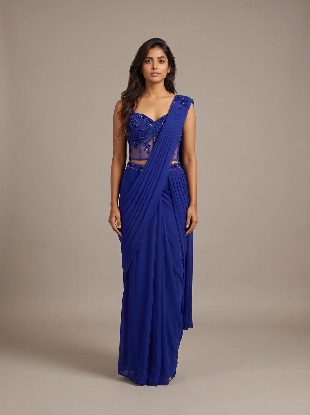 Neelambari Ink Blue Beaded Pre-Draped Saree