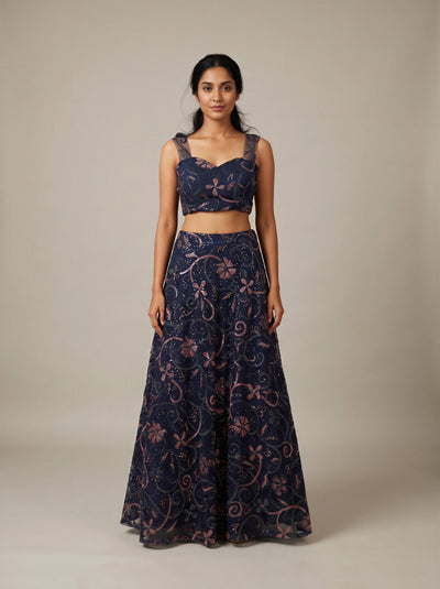 Midnight Navy Beaded Net Lehenga Set