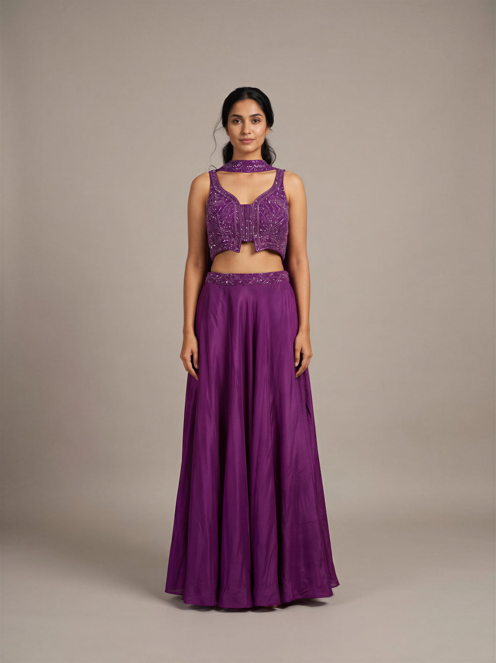 Mahira Plum Beadwork Crepe Lehenga Set