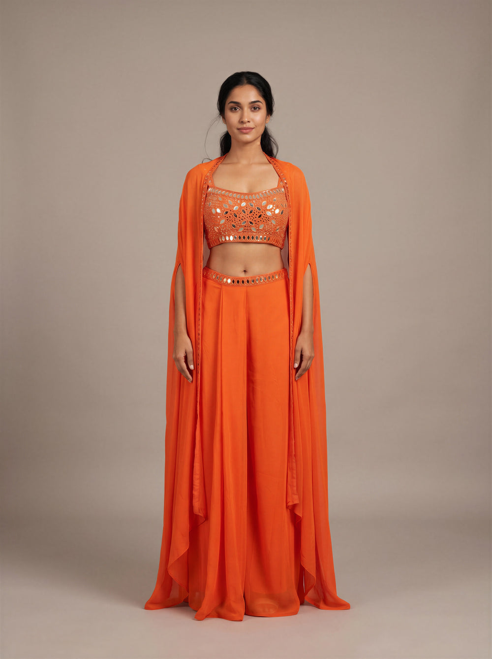 Marigold Orange Mirror-Work Cape Set