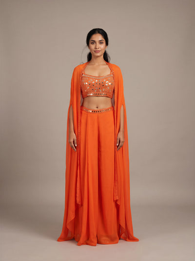 Marigold Orange Mirror-Work Cape Set