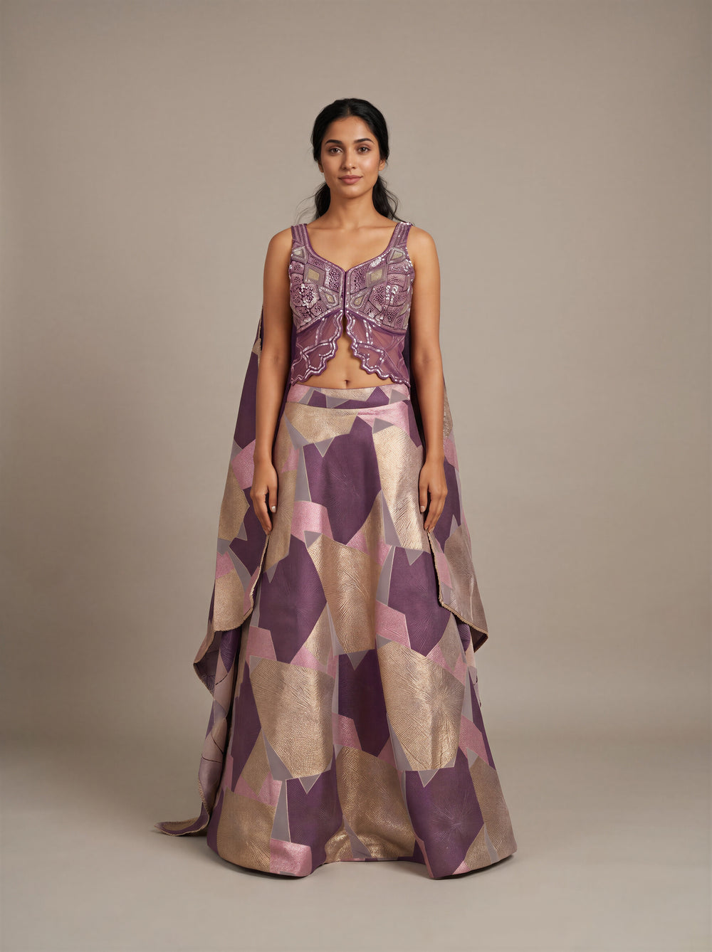 Mauve Plum Sequin Bustier Cape Lehenga