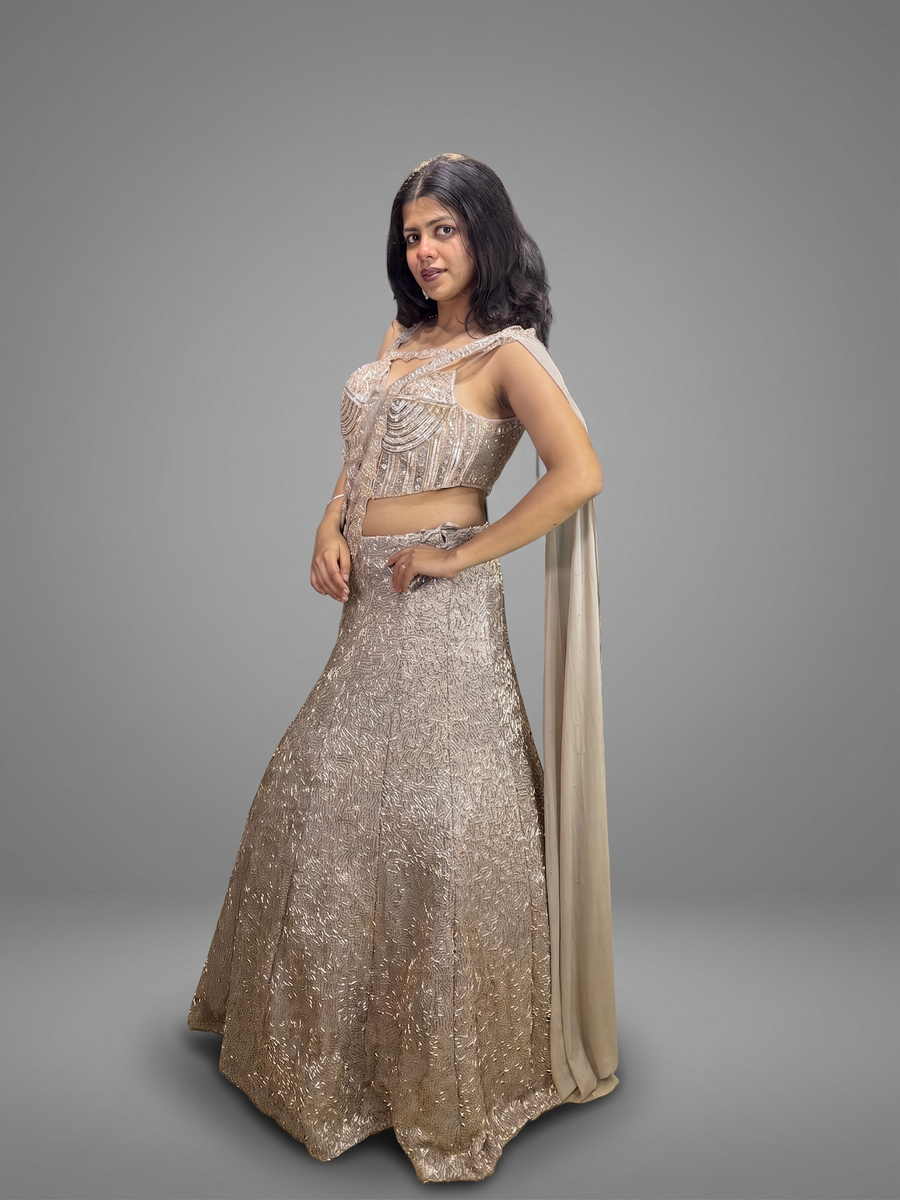 Champagne Silver Sequin Corset Lehenga With Georgette Drape — blouse detail