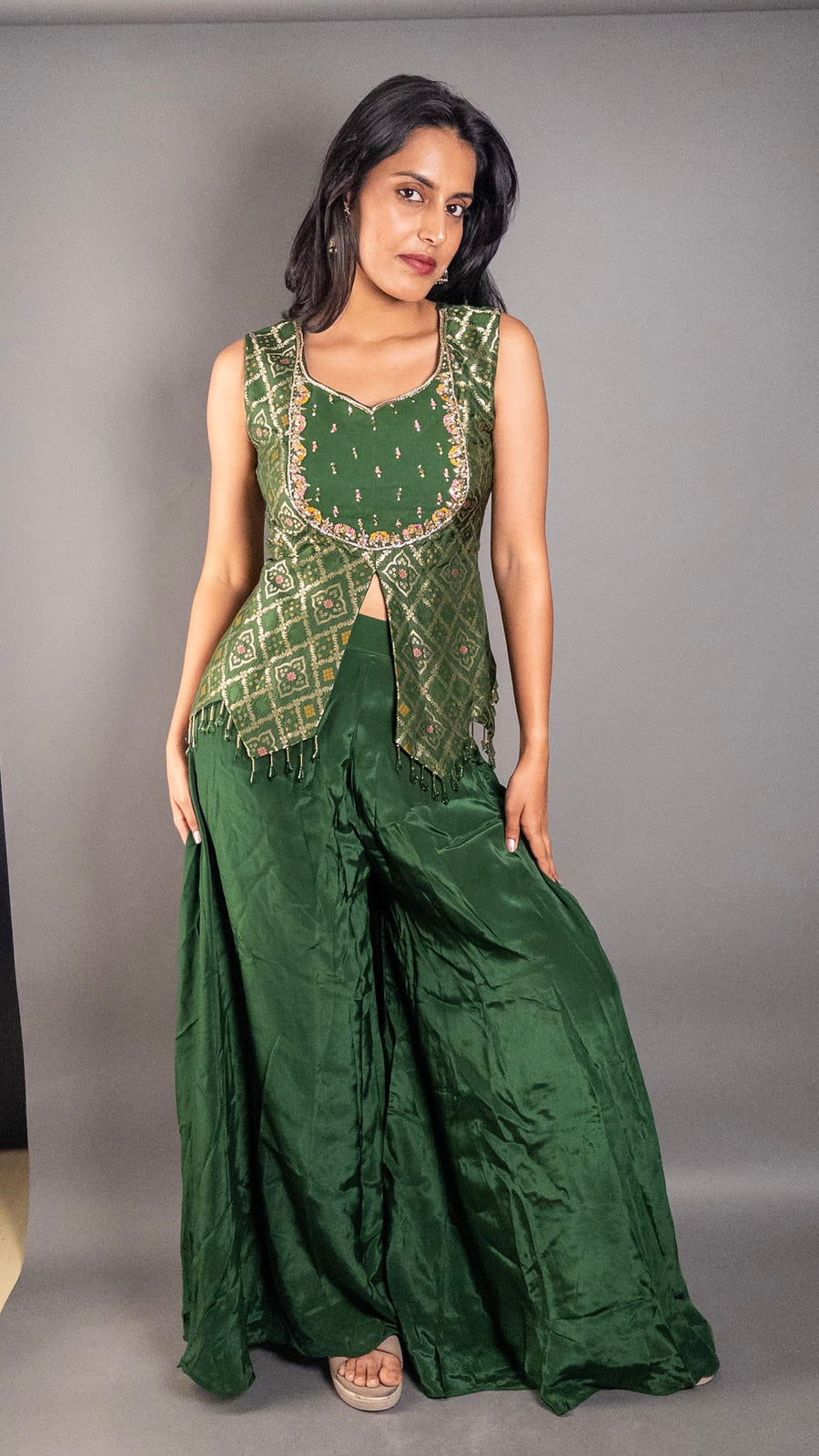 Forest Green Bandhani Kurti and Palazzo Set — blouse detail