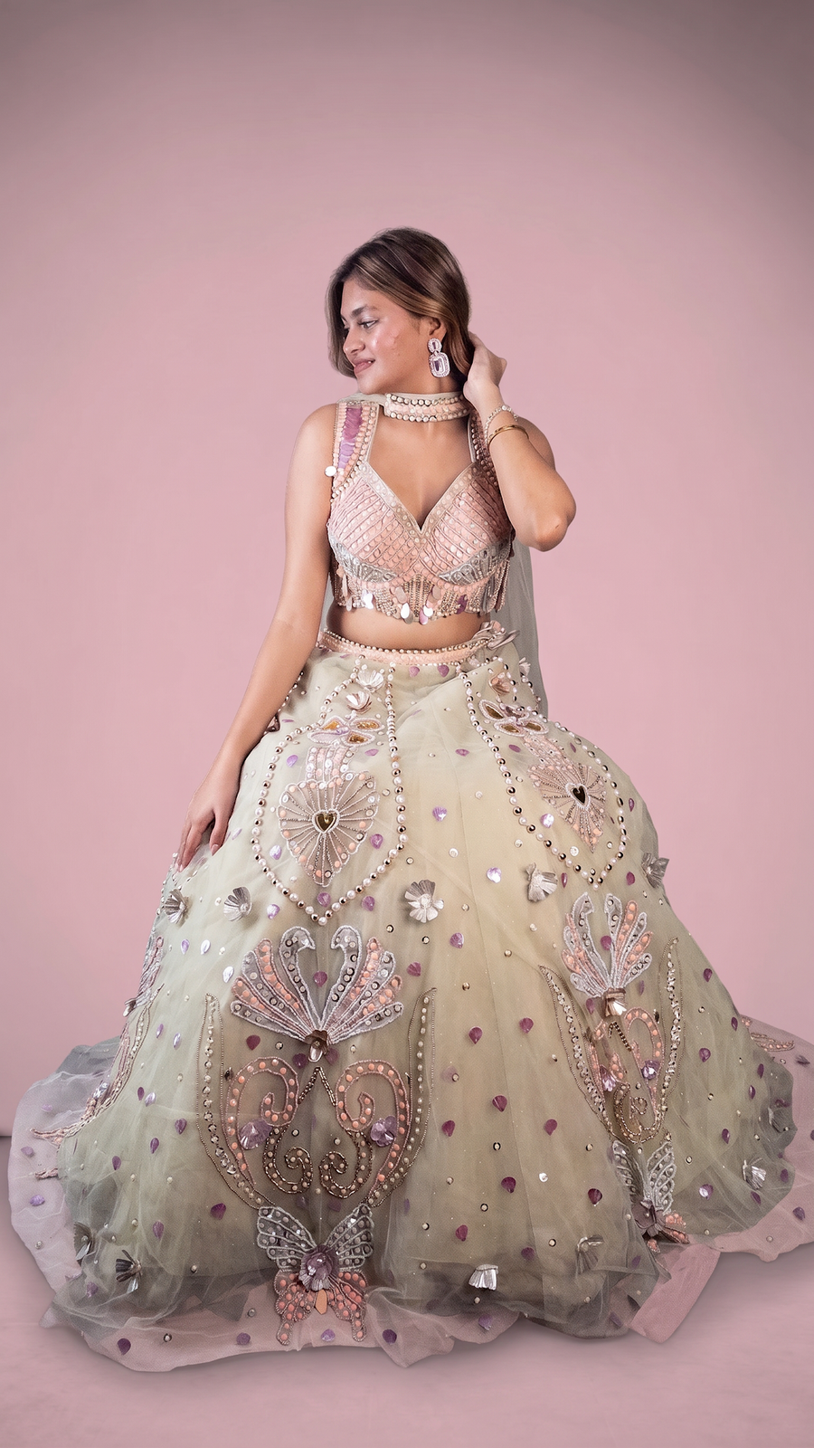 Pista Green Net Lehenga With Pearl and Shell Work — blouse detail