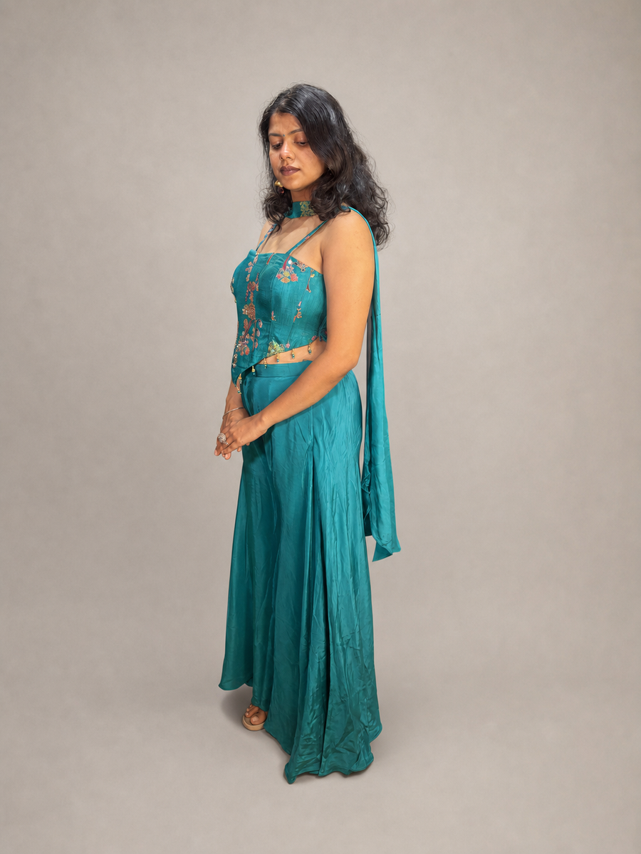 Teal Satin Corset Sharara Set With Bead Embroidery — blouse detail
