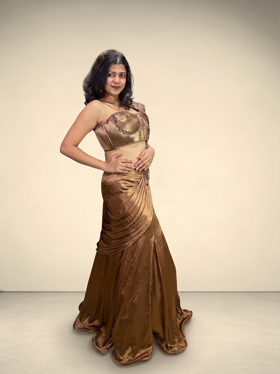 Copper Shimmer Velvet Draped Mermaid Lehenga Set — blouse detail