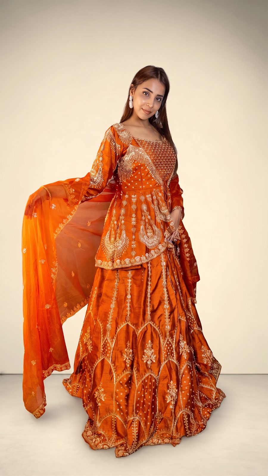 Rust Orange Raw Silk Peplum Jacket Lehenga Set — blouse detail