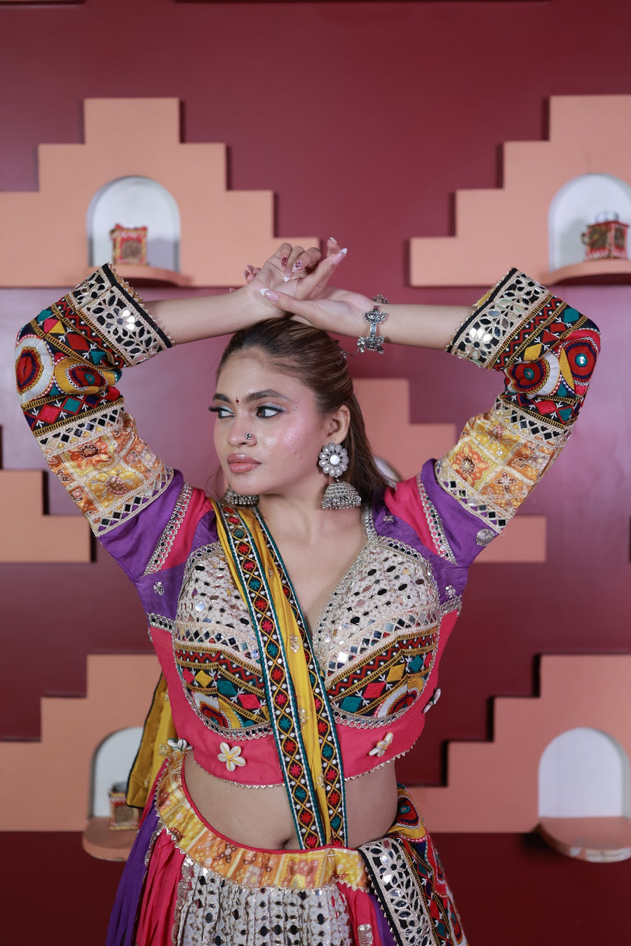 Multicolour Cotton Flared Kali Lehenga With Mirror Work — blouse detail