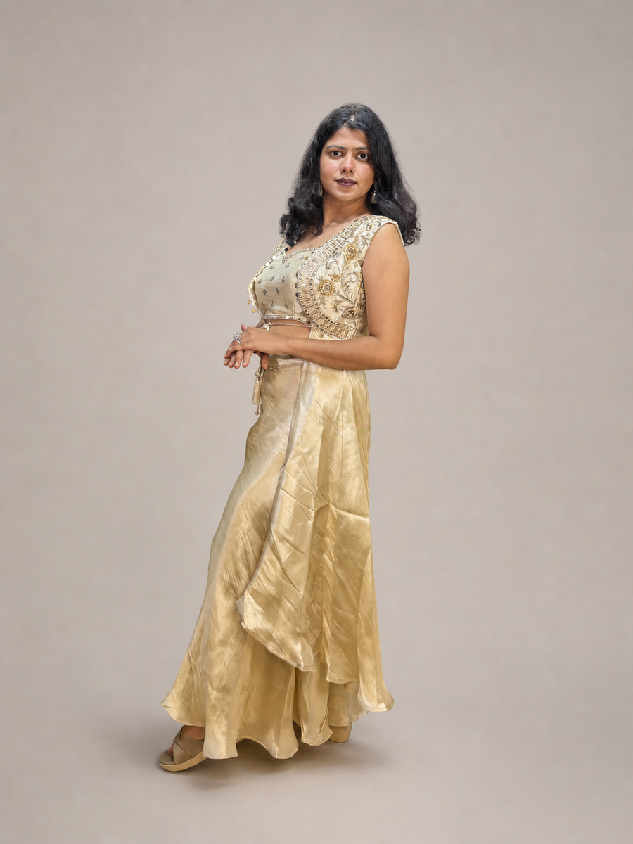 Off White Shimmer Tissue Embroidered Cape Sharara Set — blouse detail