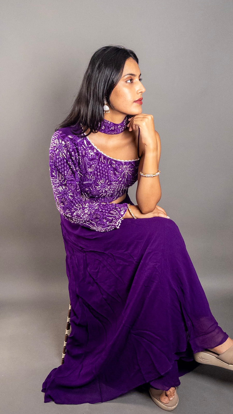 Purple Crepe One-Shoulder Palazzo Suit Set — blouse detail