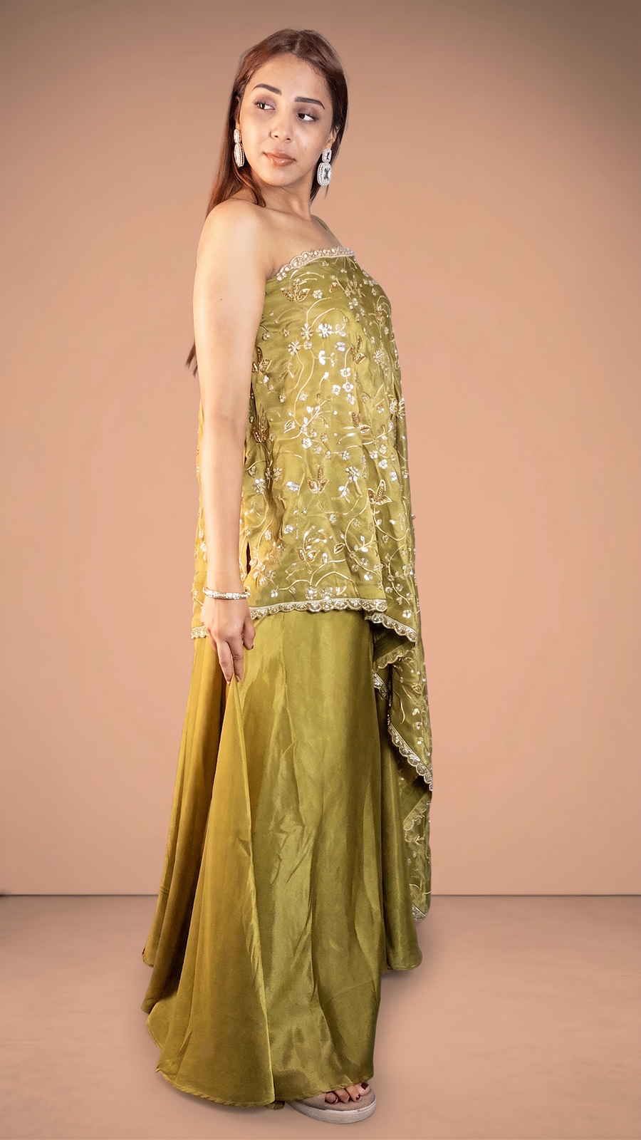 Parrot Green One-Shoulder Cape and Palazzo Set — blouse detail
