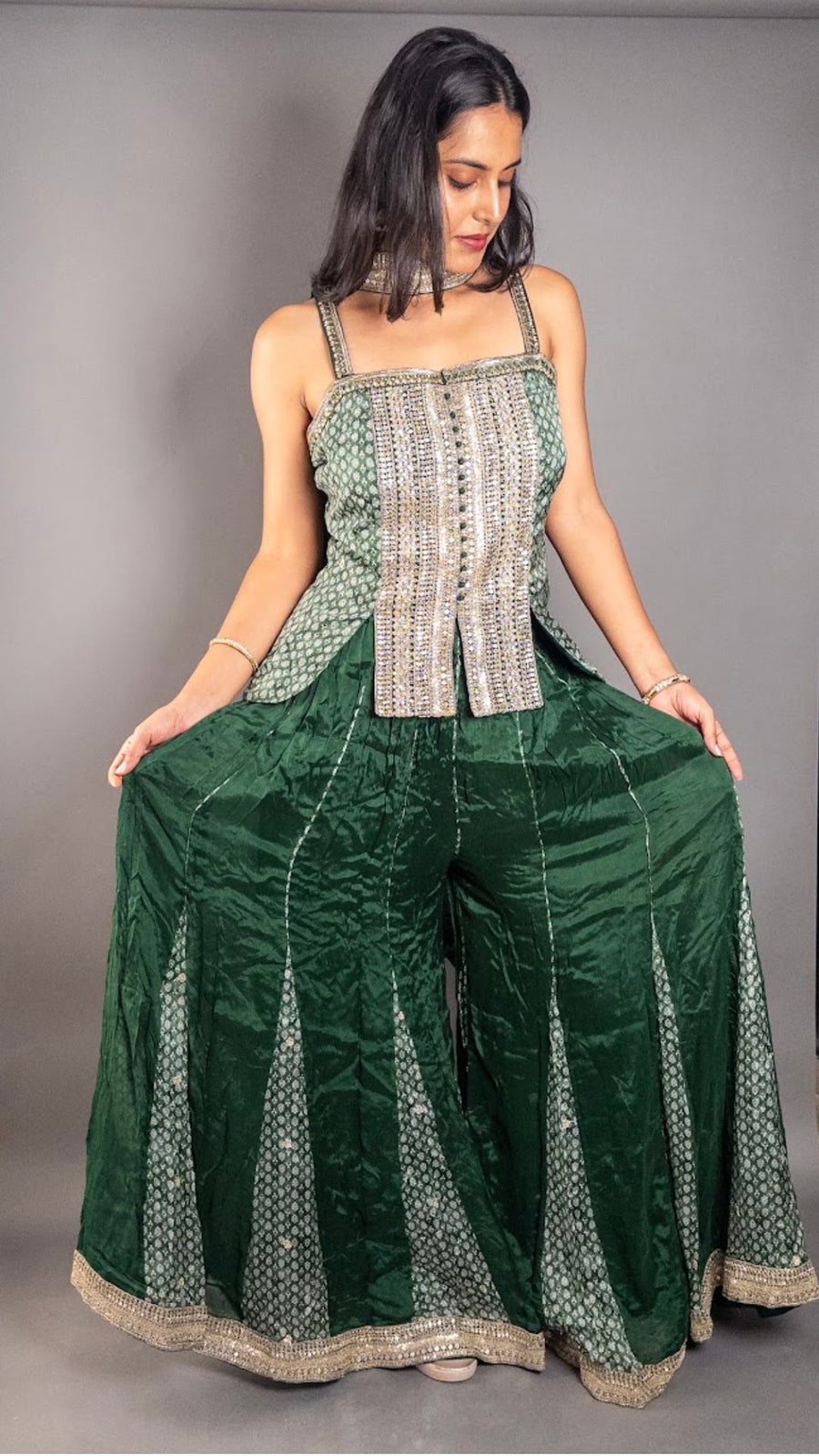 Forest Green Chinnon Palazzo Set With Sequin Bodice — blouse detail