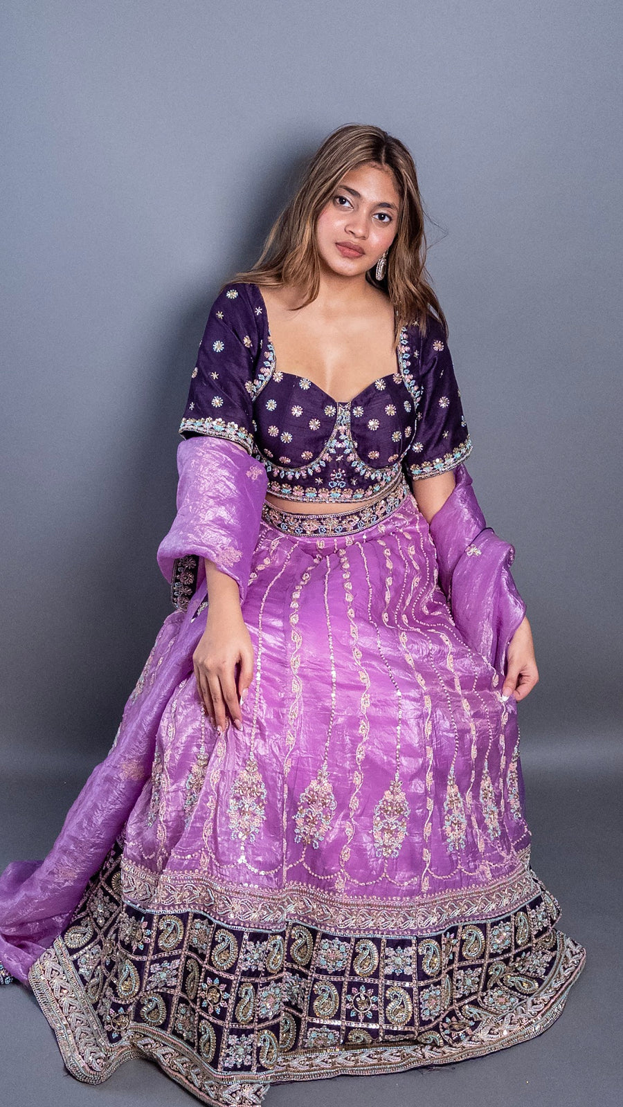 Lilac Tissue Lehenga With Dark Purple Raw Silk Blouse — blouse detail
