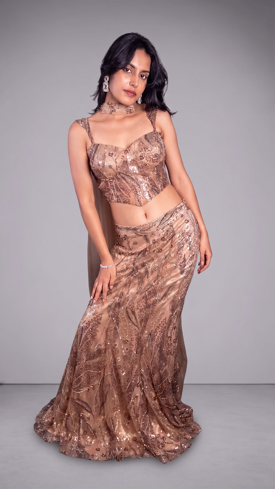 Copper Sequin Soft Net Mermaid Lehenga With Choker Cape — blouse detail