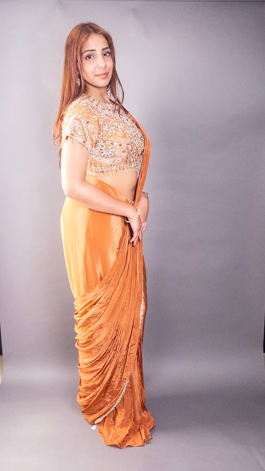 Rust Orange Chinon Pre-Draped Saree With Beaded Blouse — blouse detail