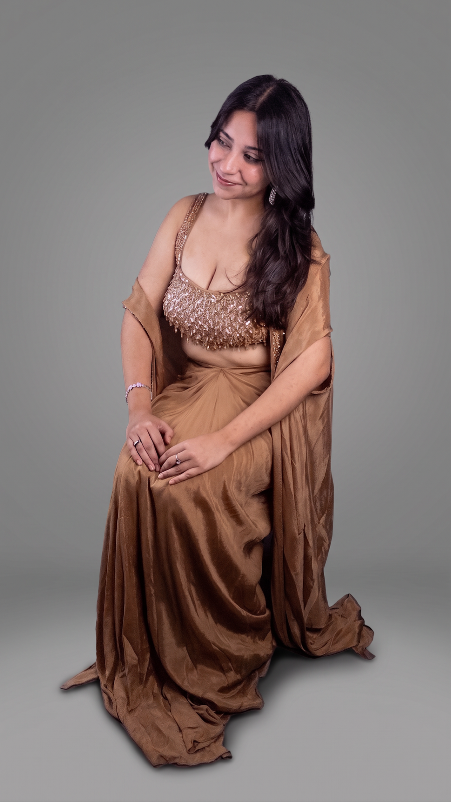 Beige Chenon Dhoti Set With Beaded Sequin Bustier — blouse detail