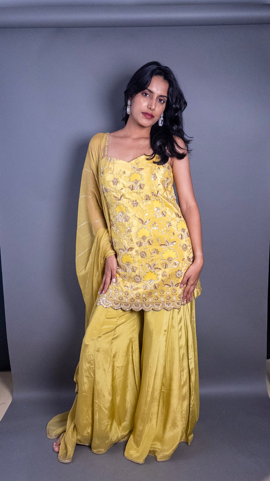 Mustard Georgette Cutdana Zari Sharara Set — blouse detail