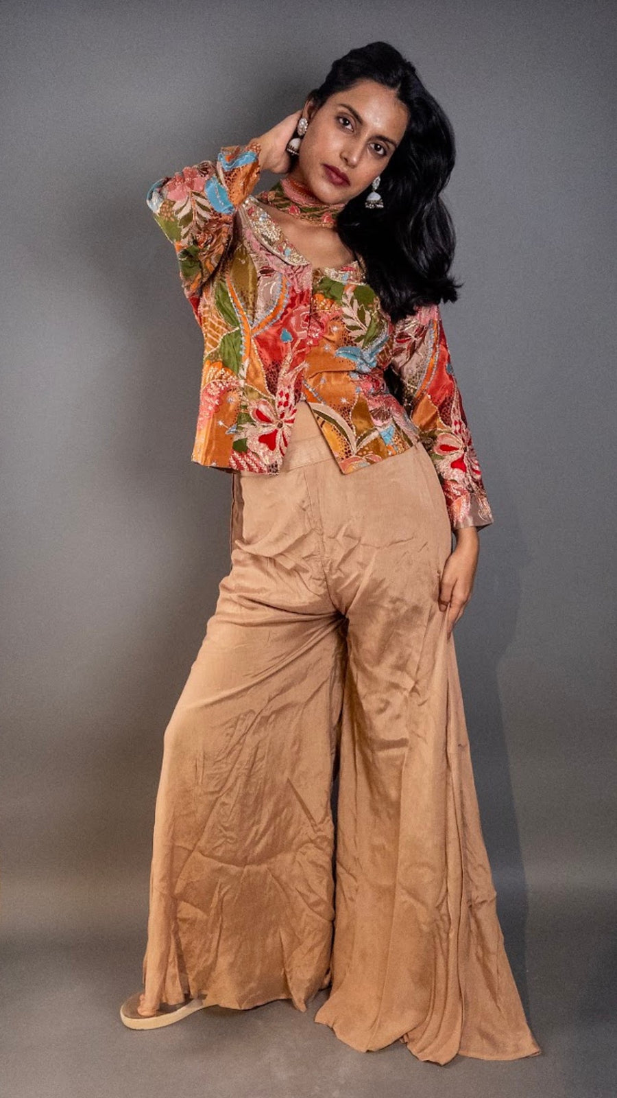 Multicolour Floral Satin Crop Top and Sharara Set — blouse detail