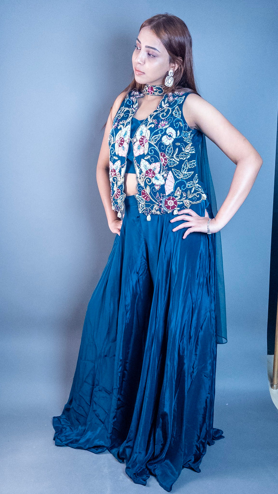 Navy Satin Sharara Set With Embroidered Cape Jacket — blouse detail