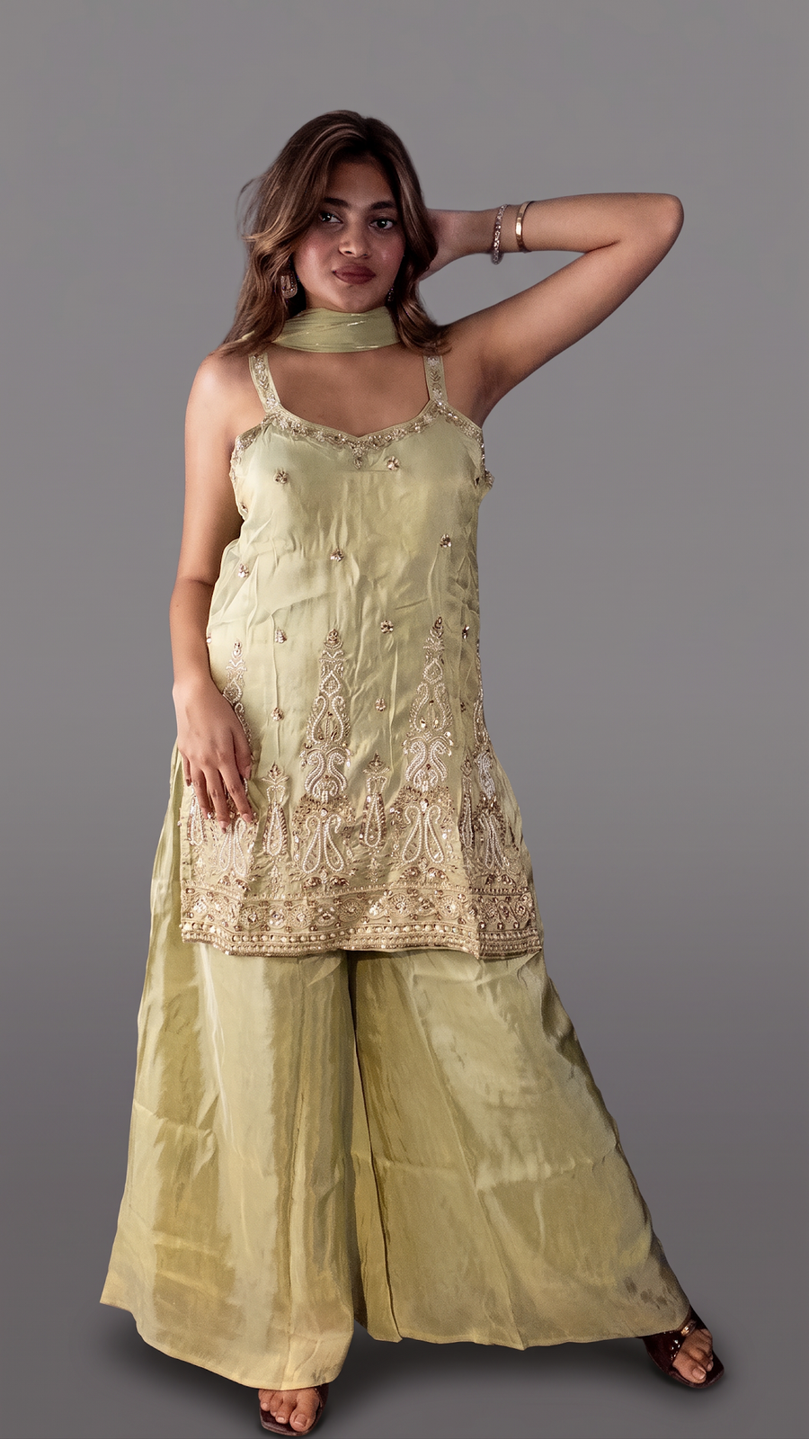 Pista Green Shimmer Tissue Kurta and Palazzo Set — blouse detail