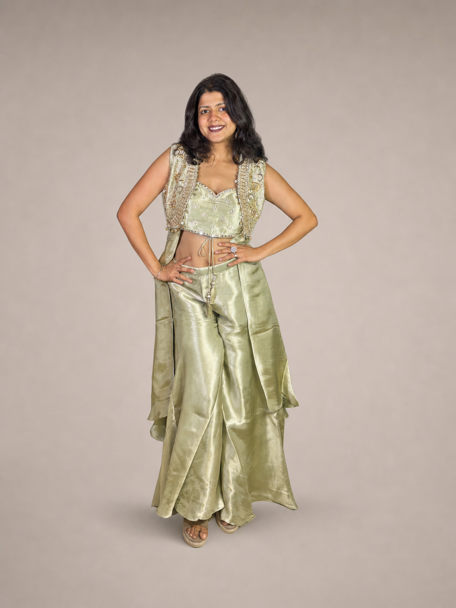 Sage Green Shimmer Tissue Cape and Sharara Set — blouse detail