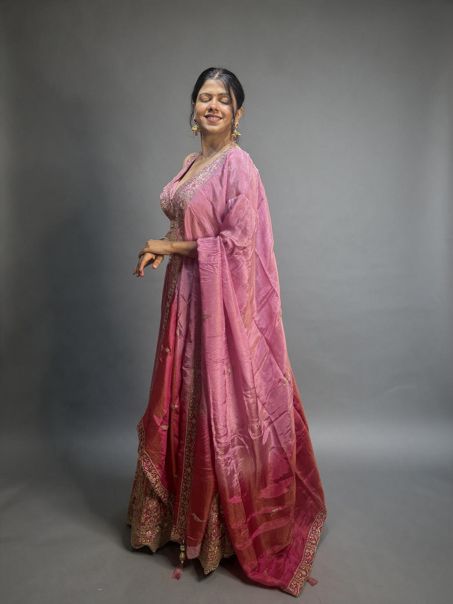 Pink Ombre Shimmer Tissue Lehenga With Zari Work — blouse detail