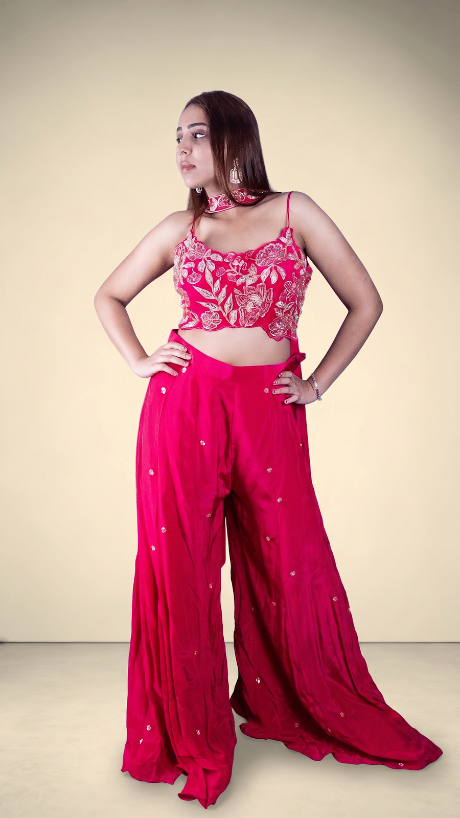 Hot Pink Crepe Palazzo Suit With Zari Pearl Bustier — blouse detail