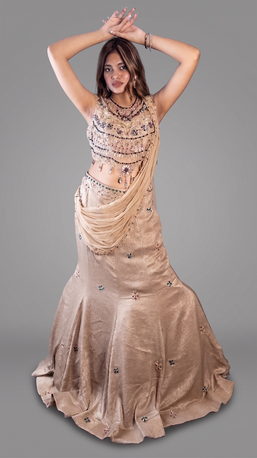 Champagne Shimmer Tissue Fishtail Lehenga Saree — blouse detail