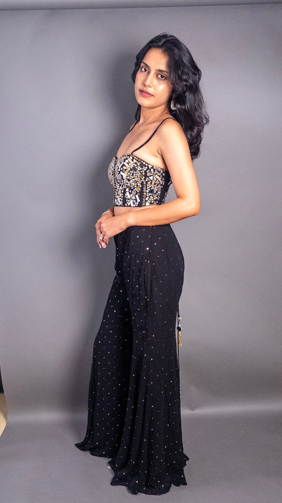 Black Georgette Mirror Cutwork Bustier Sharara Set — blouse detail