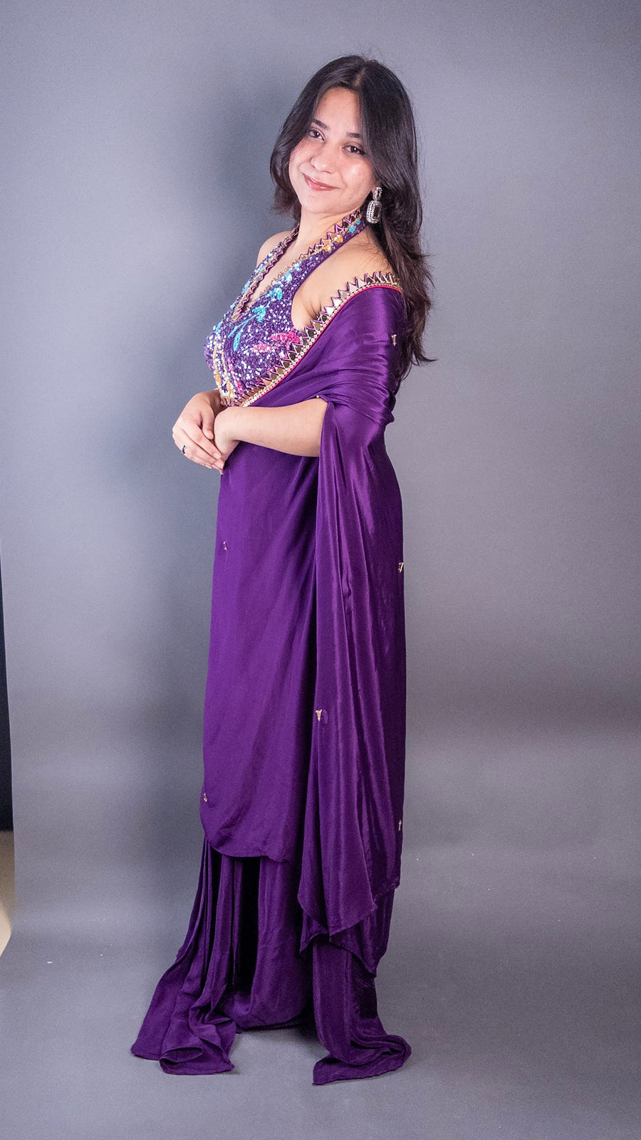Purple Crepe Sequin Halter Blouse and Drape Skirt Set — blouse detail